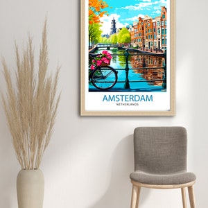 May include: A colorful illustration of a canal in Amsterdam, Netherlands. The canal is lined with traditional brick buildings and a bicycle with pink flowers is parked on the bridge. The text "AMSTERDAM NETHERLANDS" is at the bottom of the image.