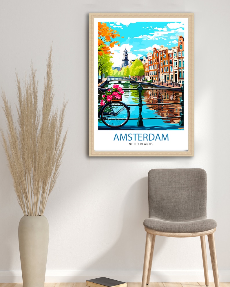 May include: A colorful illustration of a canal in Amsterdam, Netherlands. The canal is lined with traditional brick buildings and a bicycle with pink flowers is parked on the bridge. The text "AMSTERDAM NETHERLANDS" is at the bottom of the image.
