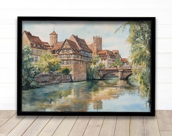 Plakat z pejzażem Norymbergii, Niemcy, sztuka ścienna, historyczne miasto, rzeka, wydruk, prezent dla miłośników i fanów malowniczych krajobrazów Niemiec w Europie