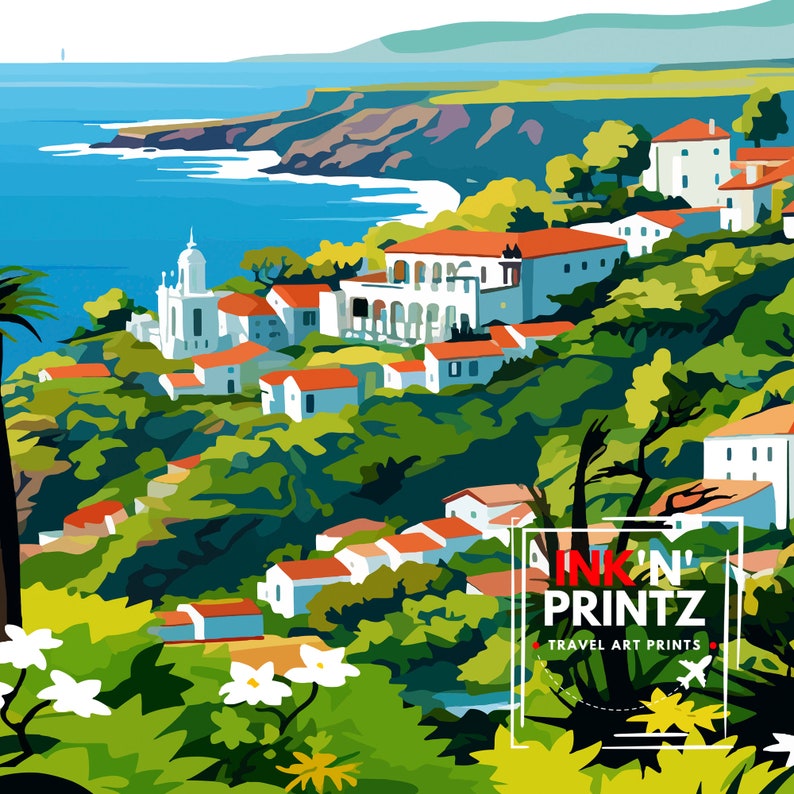 May include: A colourful illustration of a coastal town with white buildings, red tiled roofs, and lush green trees. The town is situated on a hillside overlooking a blue ocean. The text "INK'N' PRINTZ TRAVEL ART PRINTS" is in the bottom right corner of the image.