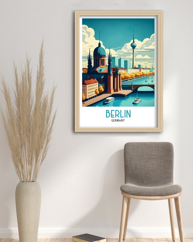 May include: A vintage travel poster featuring a colorful illustration of the Berlin skyline, including the iconic Fernsehturm television tower, a church, and a bridge over a river. The poster has the text "BERLIN GERMANY" at the bottom.