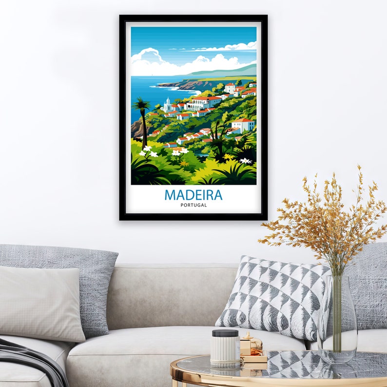 May include: A colourful illustration of a town on a hillside overlooking the ocean. The text "MADEIRA PORTUGAL" is at the bottom of the image.