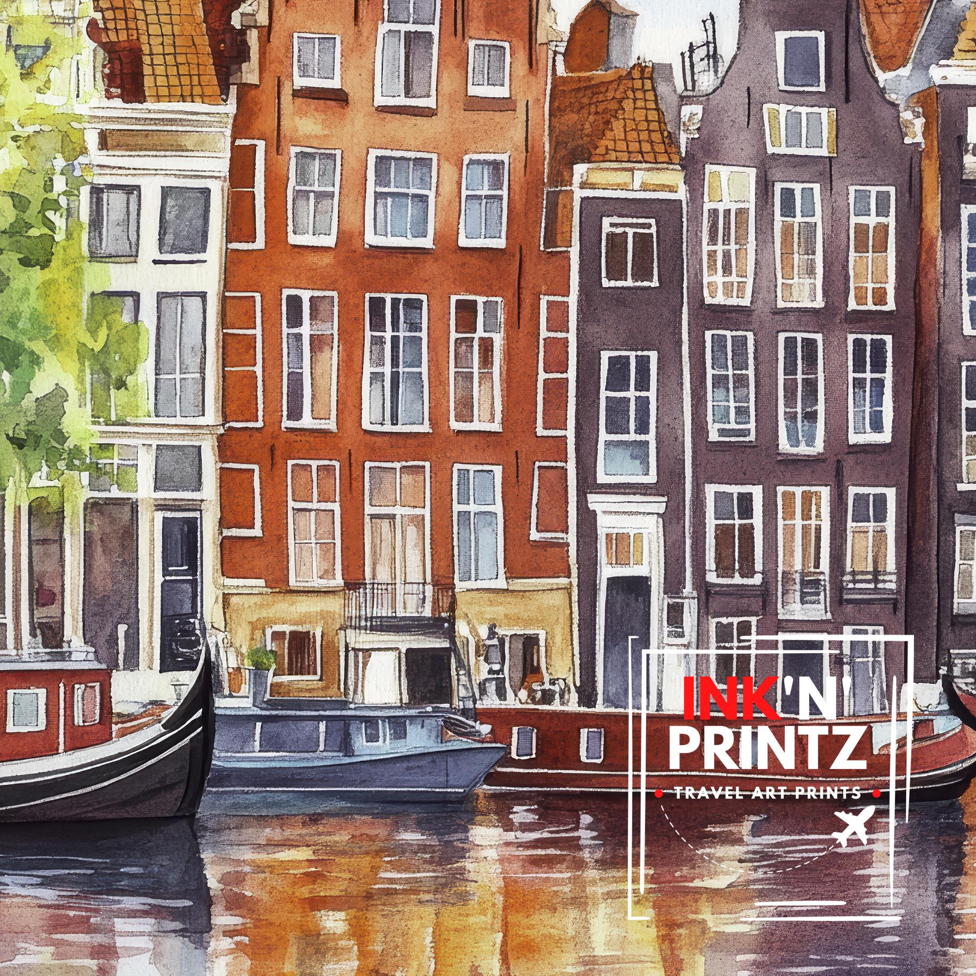 Amsterdam Watercolor Painting Wall Art Amsterdam Print Canal Art ...