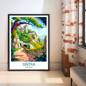 May include: A colorful illustration of a castle in Sintra, Portugal. The castle is perched on a hilltop with a winding road leading up to it. The image is framed in black.