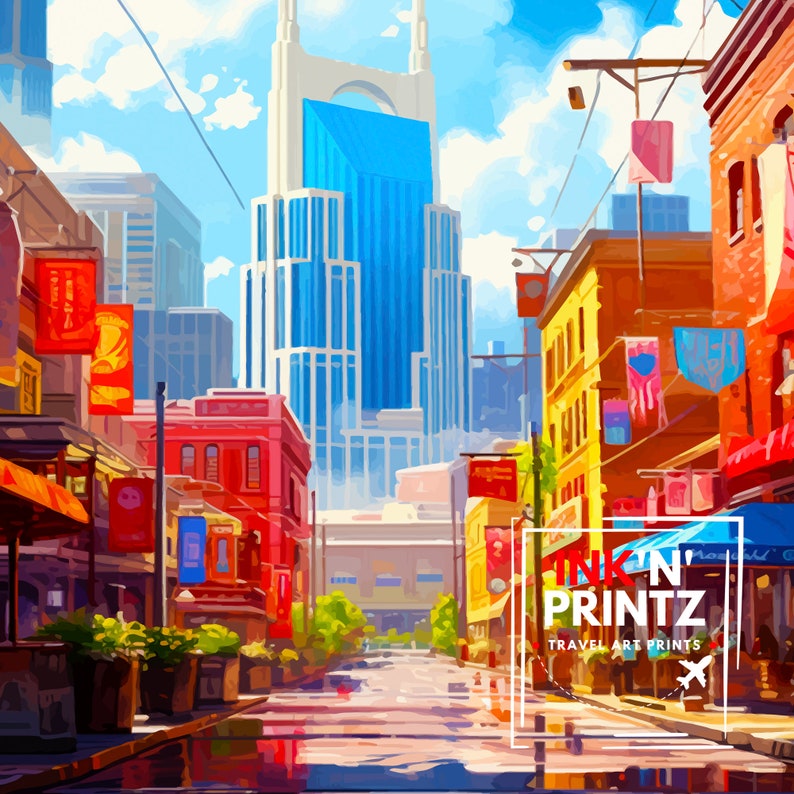 May include: A colorful illustration of a city street with a tall blue building in the background. The street is lined with colorful buildings and has flags hanging from the buildings. The text "Ink'n Printz Travel Art Prints" is visible in the lower right corner of the image.