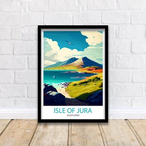 May include: A colorful illustration of a mountain range and a body of water with a sailboat on the water. The text "ISLE OF JURA SCOTLAND" is at the bottom of the image.