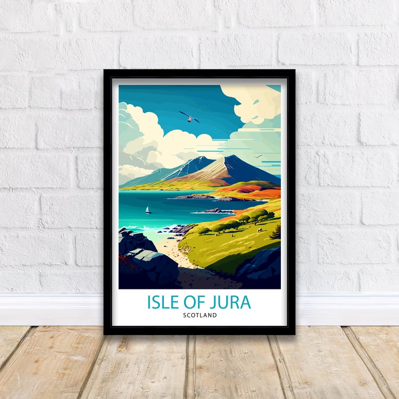 May include: A colorful illustration of a mountain range and a body of water with a sailboat on the water. The text "ISLE OF JURA SCOTLAND" is at the bottom of the image.