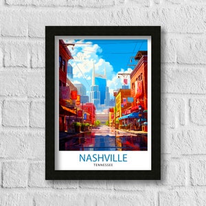 May include: A colorful illustration of a street scene in Nashville, Tennessee. The street is lined with buildings, and the iconic AT&T Building is visible in the background. The street is wet, and there are reflections of the buildings in the puddles.