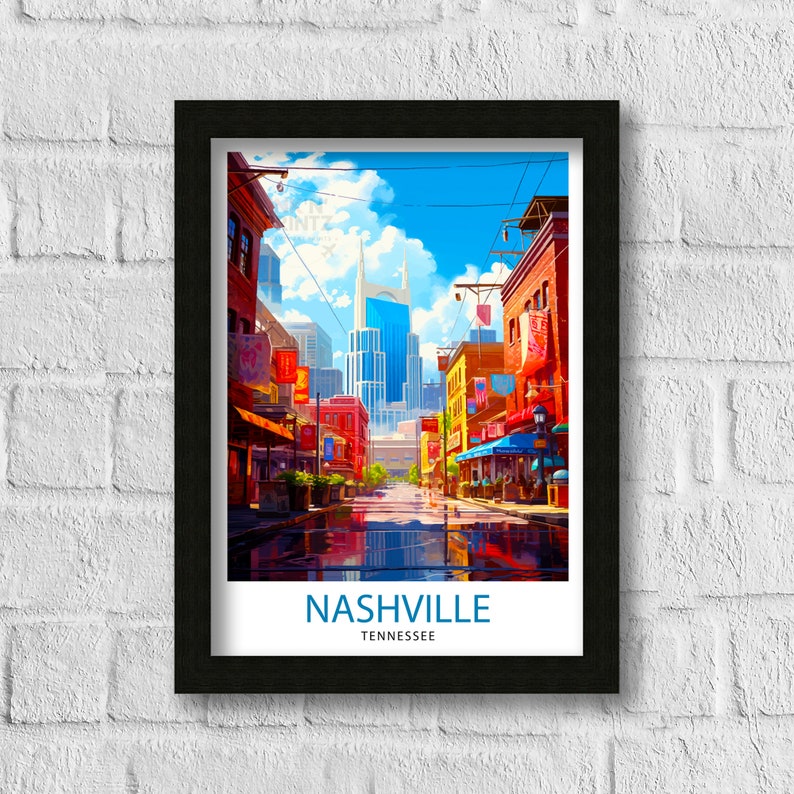 May include: A colorful illustration of a street scene in Nashville, Tennessee. The street is lined with buildings, and the iconic AT&T Building is visible in the background. The street is wet, and there are reflections of the buildings in the puddles.