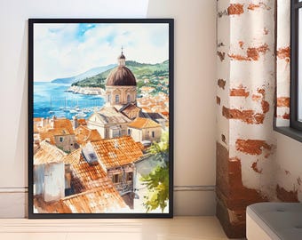 ドゥブロヴニク旧市街の水彩画、クロアチア旅行の絵画、アドリア海の壁