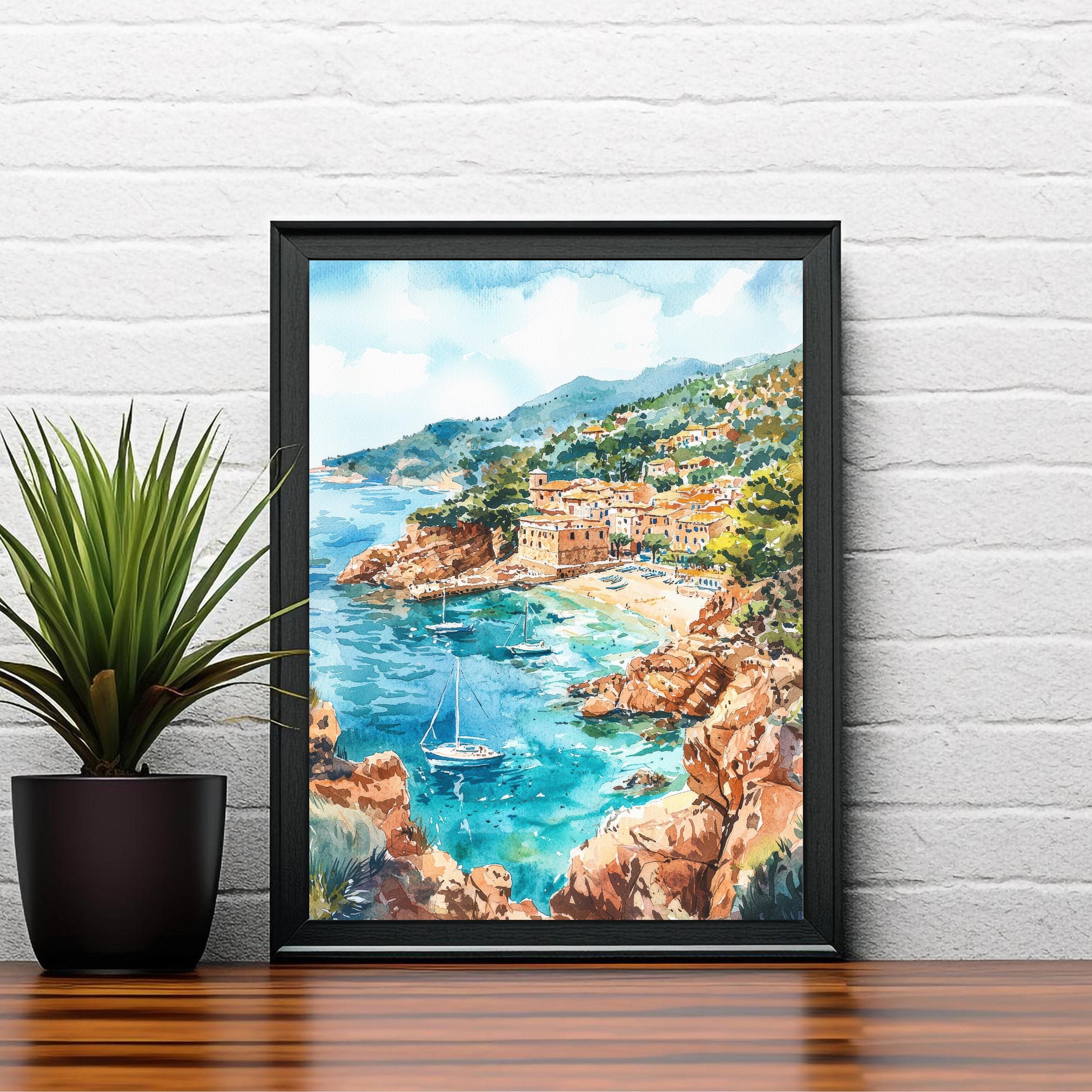 マヨルカ島の水彩画、スペイン旅行の絵画、バレアレス諸島の壁装飾