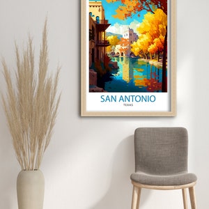 May include: A vintage travel poster featuring a colorful illustration of a river scene in San Antonio, Texas. The poster has a blue and white text overlay that reads "SAN ANTONIO, TEXAS".