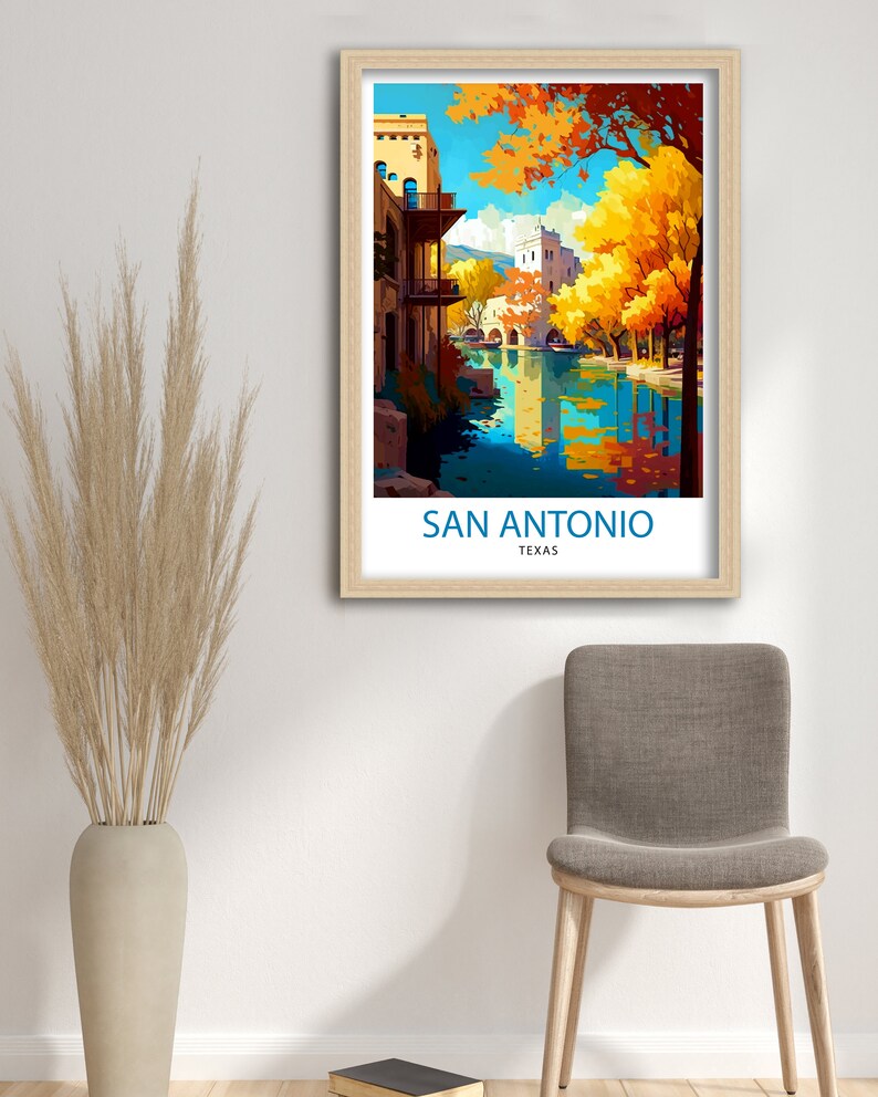 May include: A vintage travel poster featuring a colorful illustration of a river scene in San Antonio, Texas. The poster has a blue and white text overlay that reads "SAN ANTONIO, TEXAS".