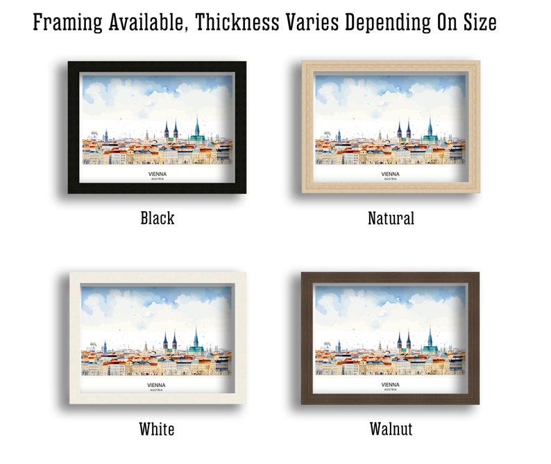 Peut inclure: Quatre peintures &agrave; l'aquarelle encadr&eacute;es du ciel de Vienne dans des cadres noirs, en bois naturel, blancs et en noyer. Le texte "VIENNA" est imprim&eacute; sous chaque image.