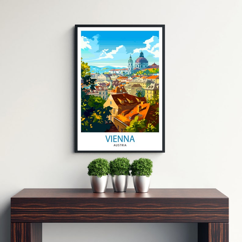 May include: A colorful illustration of Vienna, Austria, with a cityscape view of the city's buildings and a church with a dome. The text "VIENNA" and "AUSTRIA" is printed below the image.