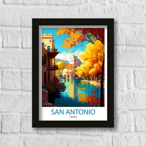 May include: A vintage travel poster featuring a picturesque view of a river in San Antonio, Texas. The river is lined with trees with vibrant yellow and orange leaves, reflecting the colors in the water. The poster features a building with a tower in the background and the text "SAN ANTONIO, TEXAS".