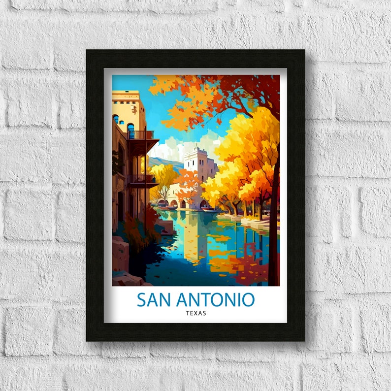 May include: A vintage travel poster featuring a picturesque view of a river in San Antonio, Texas. The river is lined with trees with vibrant yellow and orange leaves, reflecting the colors in the water. The poster features a building with a tower in the background and the text "SAN ANTONIO, TEXAS".