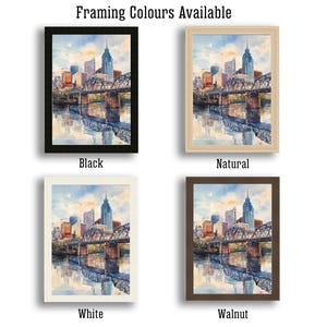 May include: Four different framing options for a watercolor painting of a city skyline. The framing options are black, natural, white, and walnut.
