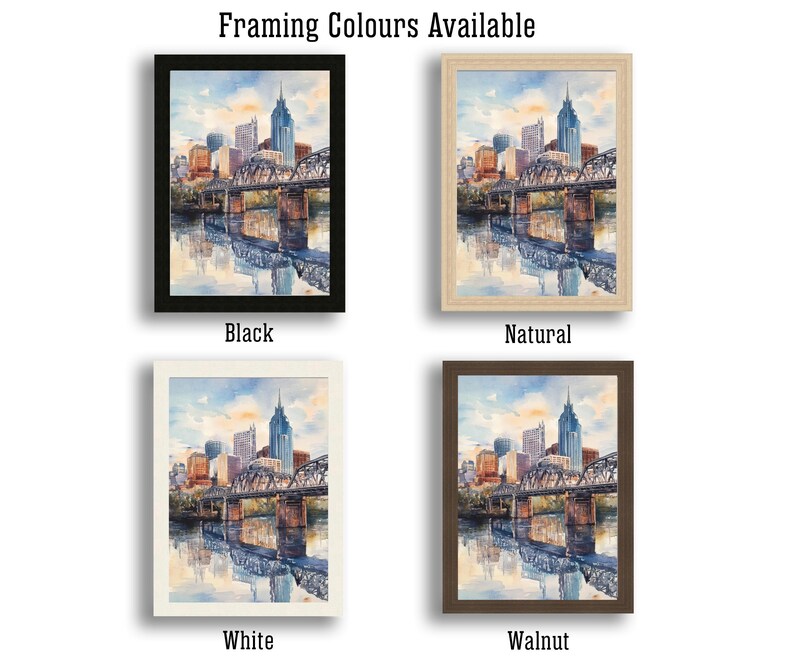 May include: Four different framing options for a watercolor painting of a city skyline. The framing options are black, natural, white, and walnut.