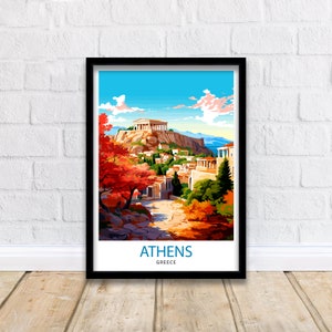 May include: A colorful illustration of the Acropolis in Athens, Greece. The image features a view of the ancient ruins from a lower perspective, with a path leading up to the hilltop. The sky is blue with white clouds, and the trees are a mix of green and red.