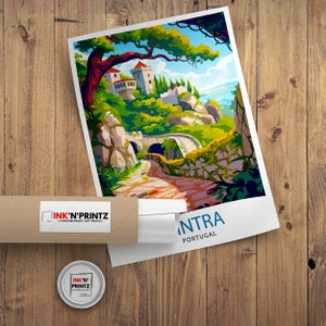 May include: A vintage-style travel poster featuring a colorful illustration of a castle nestled in a lush green hillside with a winding path leading to a stone bridge. The text "SINTRA PORTUGAL" is printed in blue at the bottom of the poster.