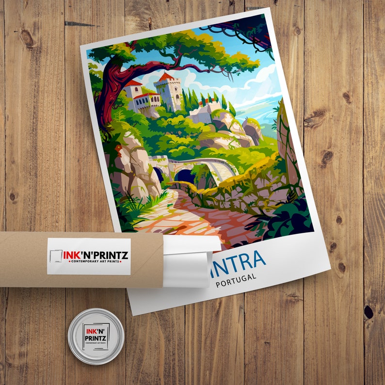 May include: A vintage-style travel poster featuring a colorful illustration of a castle nestled in a lush green hillside with a winding path leading to a stone bridge. The text "SINTRA PORTUGAL" is printed in blue at the bottom of the poster.