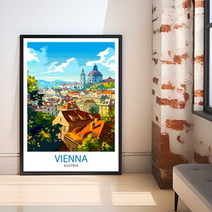 May include: A colorful illustration of Vienna, Austria. The image shows a cityscape with a church in the background and a view of the city from a rooftop.