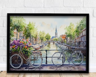 Poster con acquerello di Amsterdam, Paesi Bassi, arte murale, città, canali, case, paesaggio, stampa, regalo per gli amanti dell'Europa e gli appassionati dei paesaggi olandesi.