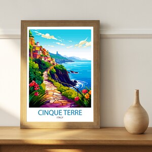 May include: A colorful illustration of a coastal town in Cinque Terre, Italy. The image features a winding stone path leading up to the town, with colorful buildings and lush greenery. The path overlooks a blue ocean with white waves.