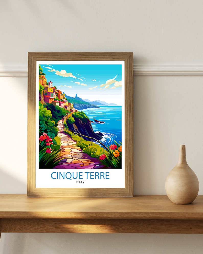 May include: A colorful illustration of a coastal town in Cinque Terre, Italy. The image features a winding stone path leading up to the town, with colorful buildings and lush greenery. The path overlooks a blue ocean with white waves.