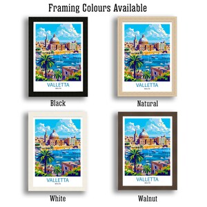 May include: Four framed prints of a colorful illustration of Valletta, Malta. The frames are black, natural wood, white, and walnut.