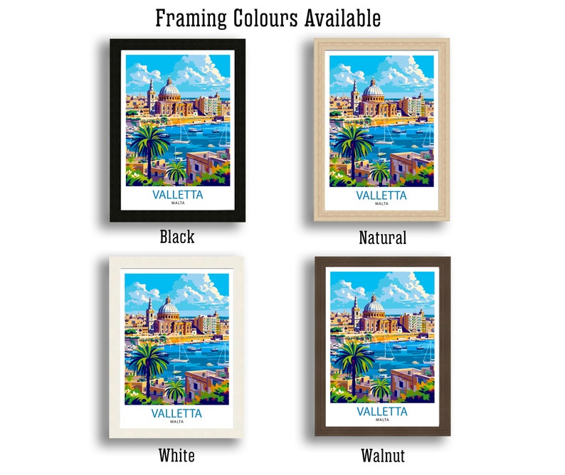 May include: Four framed prints of a colorful illustration of Valletta, Malta. The frames are black, natural wood, white, and walnut.