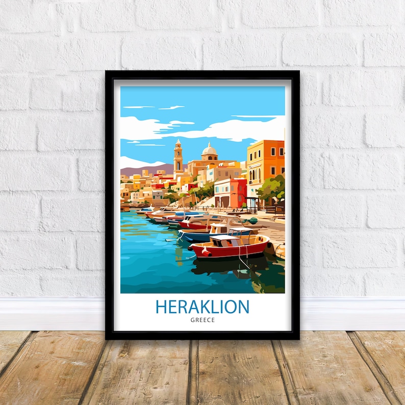 May include: A colorful illustration of a harbor scene in Heraklion, Greece. The image features a row of colorful boats docked in the harbor, with buildings lining the waterfront. The sky is blue with white clouds, and the water is a bright turquoise.