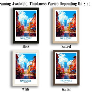 May include: Four framed prints of a colorful illustration of a street scene in Nashville, Tennessee. The frames are black, natural wood, white, and walnut. The text "NASHVILLE TENNESSEE" is printed below the image.