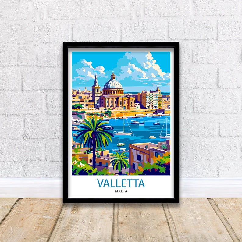 May include: A colorful illustration of Valletta, Malta, featuring a large church with a dome, a harbor with boats, and palm trees. The text "Valletta, Malta" is at the bottom of the image.