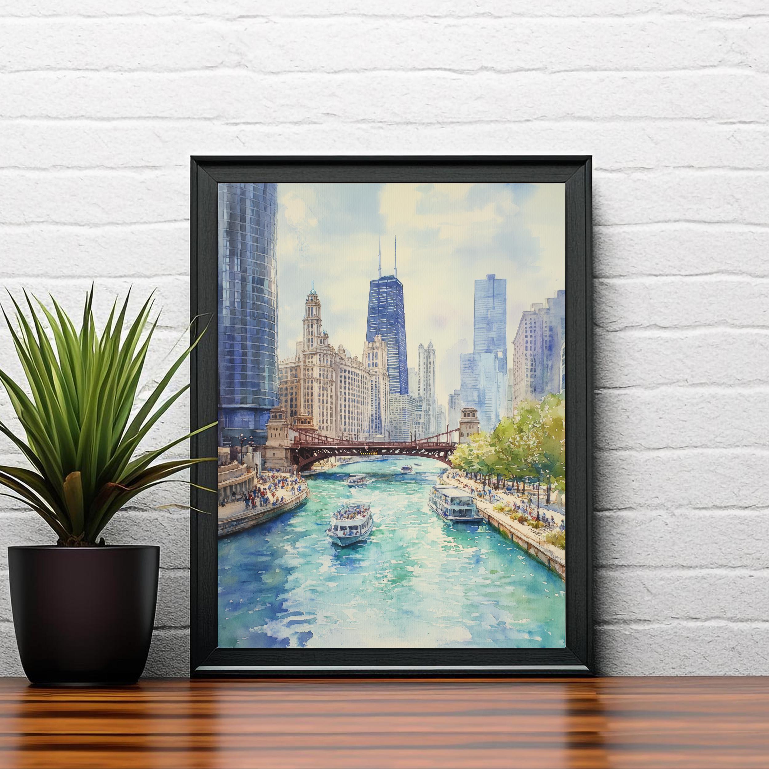 Chicago Watercolor Painting Poster USA Wall Art City Skyline Landscape ...