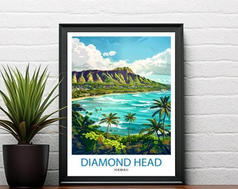 Vintage Hawaiian diamondhead ステンドグラスアート Diamond Head Oahu Travel Print Wall Decor Wall Art Diamond Head