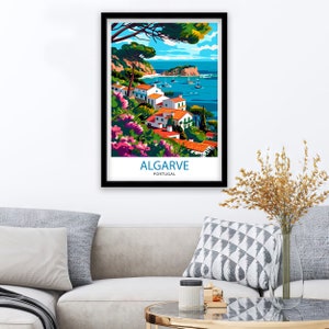 May include: A colorful illustration of a coastal town in Algarve, Portugal. The image features white buildings with red tile roofs, lush green trees, and a blue ocean with boats. The text "ALGARVE PORTUGAL" is at the bottom of the image.