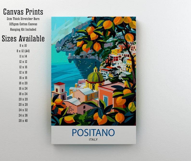 K&ouml;nnte beinhalten: Ein farbenfroher Leinwanddruck von Positano, Italien, mit einem Zitronenbaum im Vordergrund und einem Blick auf die Stadt und das Meer im Hintergrund. Der Druck ist in verschiedenen Gr&ouml;&szlig;en von 8x10 Zoll bis 28x40 Zoll erh&auml;ltlich. Die Leinwand ist aus 325 g/m&sup2; Baumwolle und wird mit einem Aufh&auml;ngeset geliefert.
