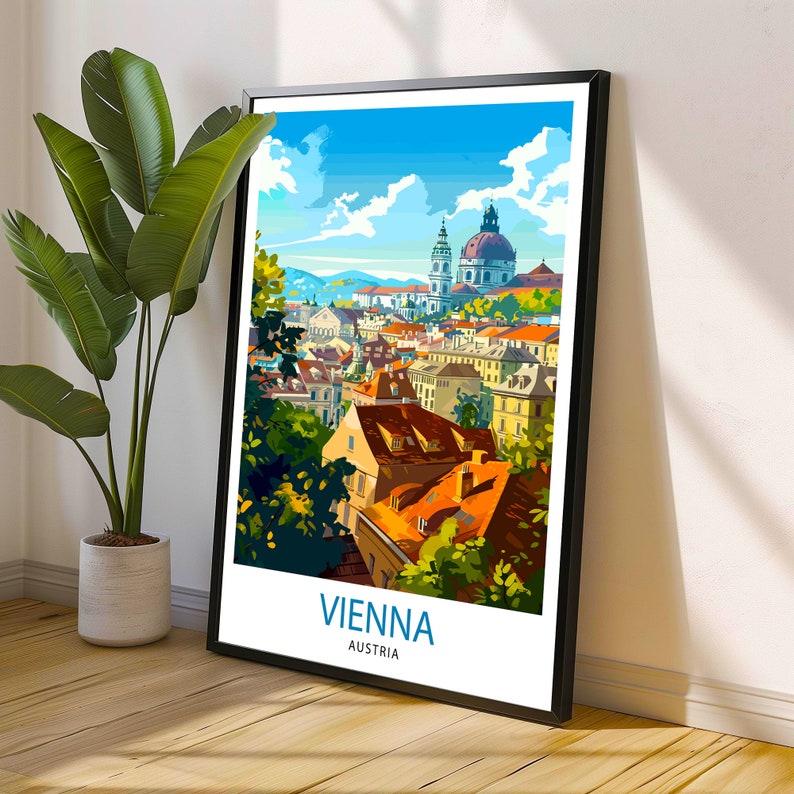 May include: A colorful illustration of Vienna, Austria, with a cityscape view of the city's buildings and a church with a dome. The text "VIENNA" and "AUSTRIA" is printed below the image.