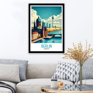 May include: A vintage travel poster featuring a colorful illustration of the Berlin skyline, including the iconic Brandenburg Gate and the Berlin Cathedral. The poster has a blue background with white clouds and the text "BERLIN GERMANY" at the bottom.