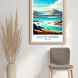 May include: A colorful travel poster featuring a scenic view of the Isle of Harris in Scotland. The poster depicts a turquoise bay with a sandy beach and a mountain range in the background. The text "Isle of Harris, Scotland" is printed at the bottom of the poster.