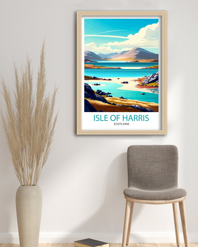 May include: A colorful travel poster featuring a scenic view of the Isle of Harris in Scotland. The poster depicts a turquoise bay with a sandy beach and a mountain range in the background. The text "Isle of Harris, Scotland" is printed at the bottom of the poster.