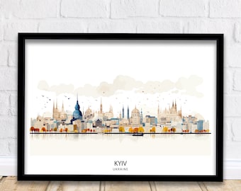 Impresión del horizonte de Kyiv, Ucrania. Arte urbano. Póster de la capital ucraniana. Decoración de pared con paisaje urbano. Ilustración de Europa del Este.