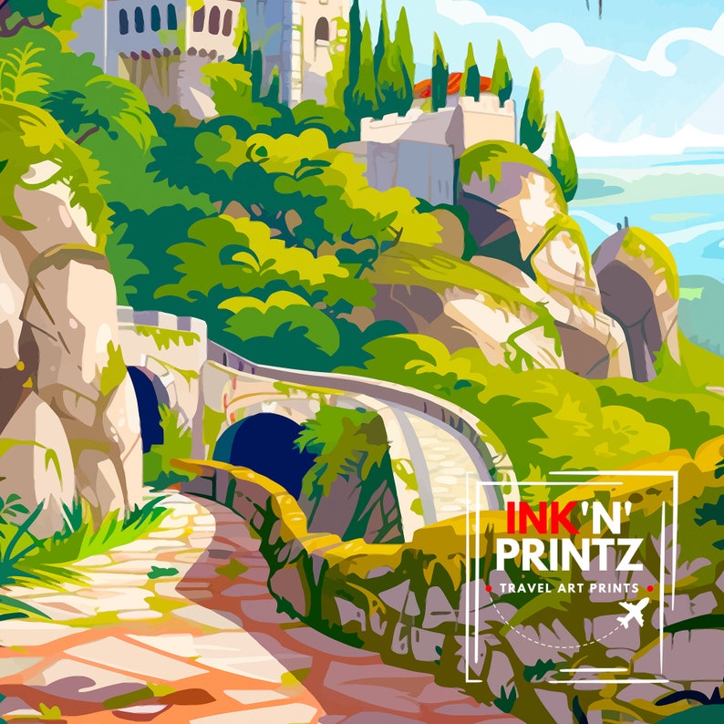 May include: A colorful illustration of a stone path leading to a bridge with a tunnel underneath. The path is surrounded by lush green foliage and rocky cliffs. The image includes the text "INK'N' PRINTZ TRAVEL ART PRINTS" in a white box with a red border.