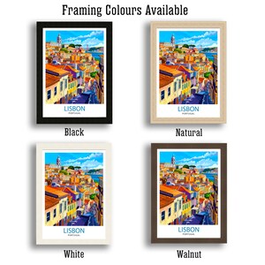 May include: Four different framing options for a colorful illustration of Lisbon, Portugal. The frames are black, natural wood, white, and walnut.