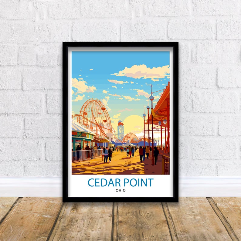 Cedar Point Ohio Print Amusement Park Art Roller Coaster Wall Decor Sandusky Attraction Poster Thrill Ride Illustration Theme Park Adventure image 1