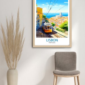 May include: A vintage travel poster featuring a yellow tram traveling up a hill in Lisbon, Portugal. The poster has a blue sky with white clouds and a view of the city and ocean in the background. The text "LISBON, PORTUGAL" is at the bottom of the poster.