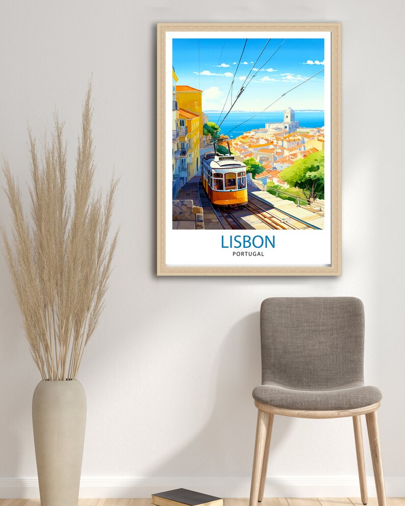 May include: A vintage travel poster featuring a yellow tram traveling up a hill in Lisbon, Portugal. The poster has a blue sky with white clouds and a view of the city and ocean in the background. The text "LISBON, PORTUGAL" is at the bottom of the poster.