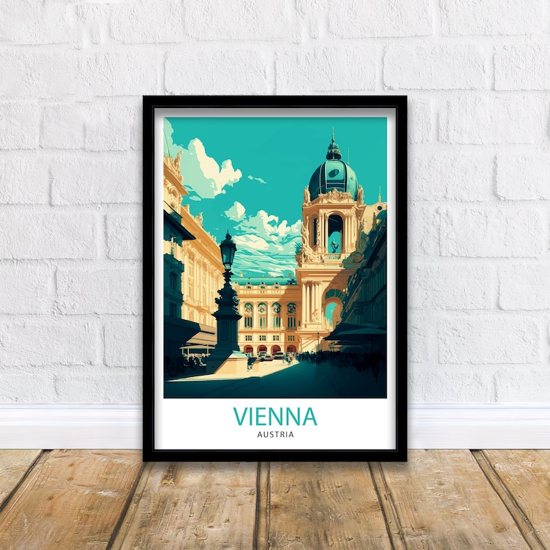 K&ouml;nnte beinhalten: Ein Vintage-Reiseposter mit einer farbenfrohen Illustration eines Geb&auml;udes in Wien, &Ouml;sterreich. Das Poster hat einen t&uuml;rkisfarbenen Hintergrund mit einem wei&szlig;en Rand und den Text "VIENNA" und "AUSTRIA" in t&uuml;rkisfarbener Schrift.
